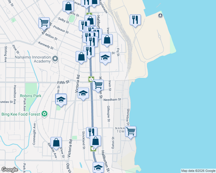 map of restaurants, bars, coffee shops, grocery stores, and more near 460 Irwin Street in Nanaimo