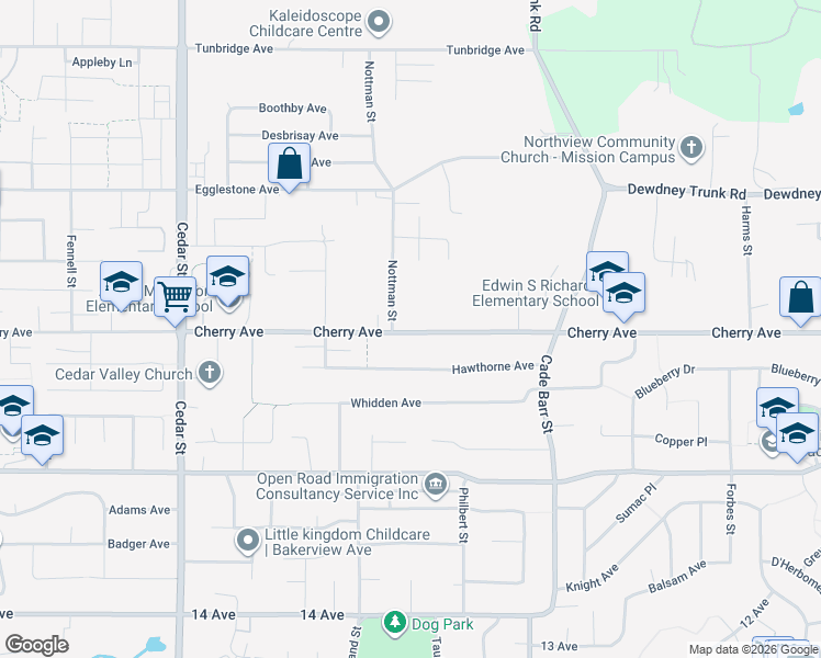 map of restaurants, bars, coffee shops, grocery stores, and more near 8430 Nottman Street in Mission