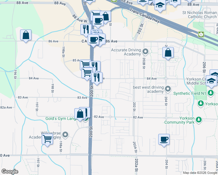 map of restaurants, bars, coffee shops, grocery stores, and more near 8379 201 Street in Langley Township