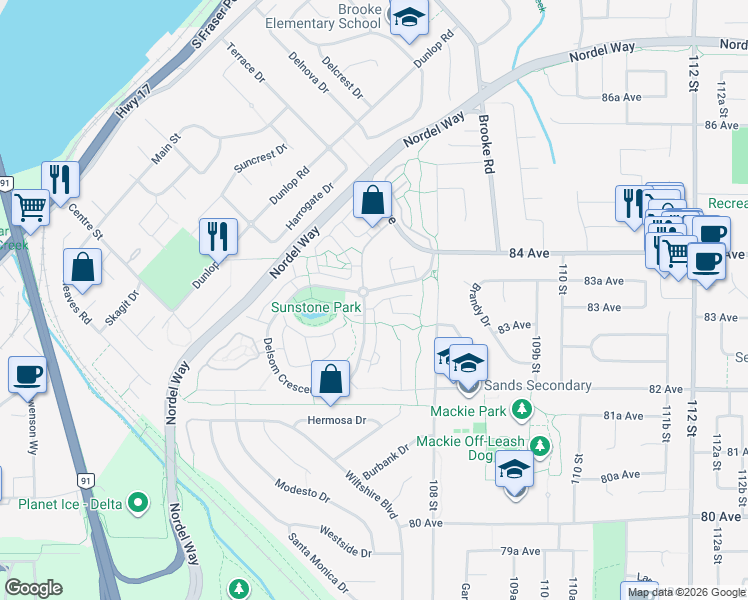 map of restaurants, bars, coffee shops, grocery stores, and more near 10605 Delsom Crescent in Delta