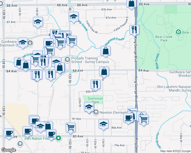map of restaurants, bars, coffee shops, grocery stores, and more near 8374 133A Street in Surrey