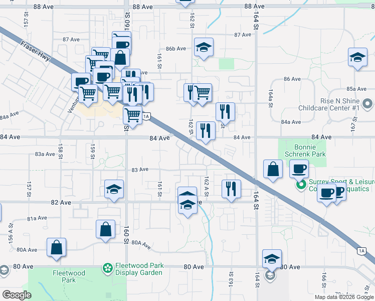 map of restaurants, bars, coffee shops, grocery stores, and more near 16177 83 Avenue in Surrey