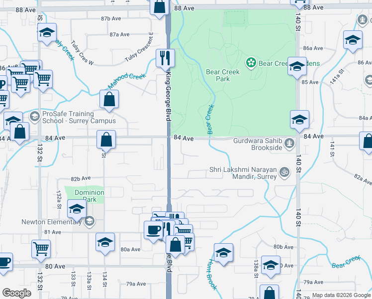 map of restaurants, bars, coffee shops, grocery stores, and more near 13680 84 Avenue in Surrey