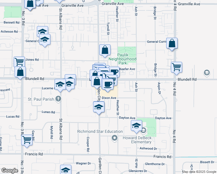 map of restaurants, bars, coffee shops, grocery stores, and more near 9100 Blundell Road in Richmond