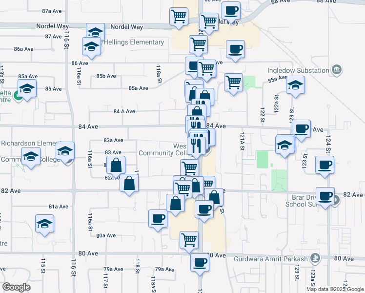 map of restaurants, bars, coffee shops, grocery stores, and more near 11972 83A Avenue in Delta