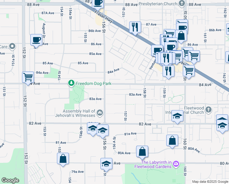 map of restaurants, bars, coffee shops, grocery stores, and more near 15651 83A Avenue in Surrey