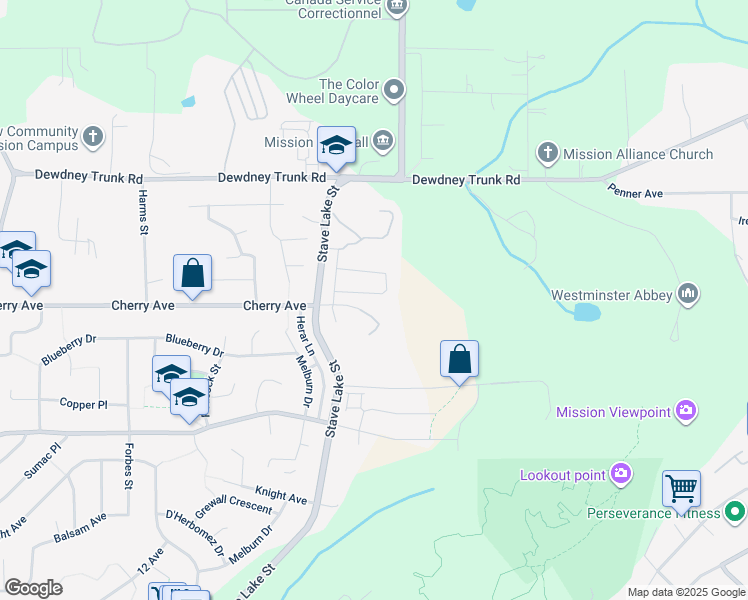 map of restaurants, bars, coffee shops, grocery stores, and more near 33938 Mcphee Place in Mission