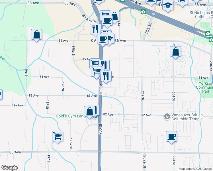 map of restaurants, bars, coffee shops, grocery stores, and more near 8353 200A Street in Langley Township