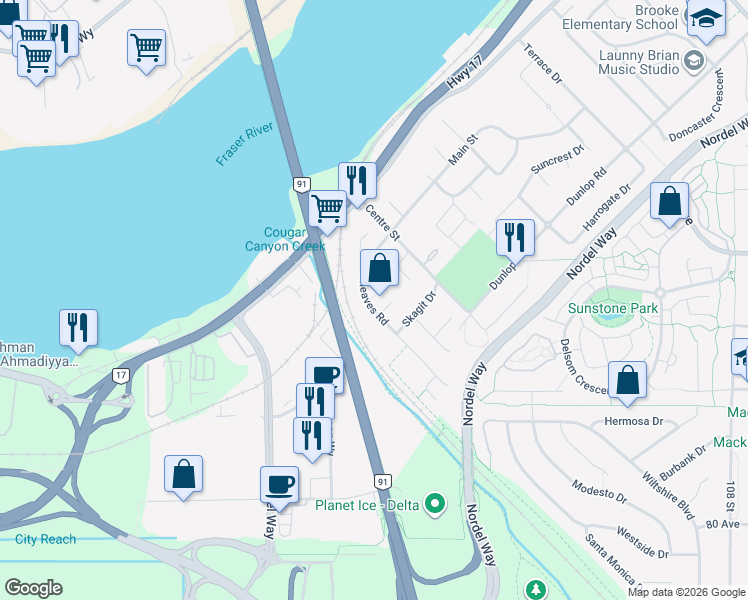 map of restaurants, bars, coffee shops, grocery stores, and more near 10335 Sheaves Place in Delta