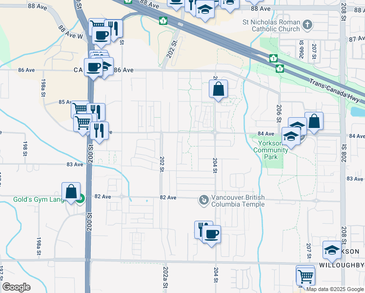 map of restaurants, bars, coffee shops, grocery stores, and more near 8370 202B Street in Langley Township