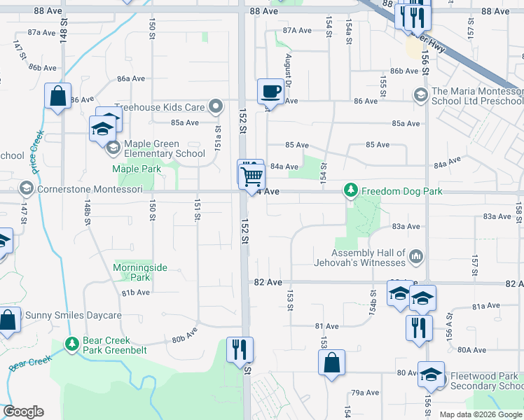 map of restaurants, bars, coffee shops, grocery stores, and more near 8379 152A Street in Surrey