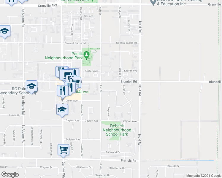 map of restaurants, bars, coffee shops, grocery stores, and more near 9331 McBurney Drive in Richmond