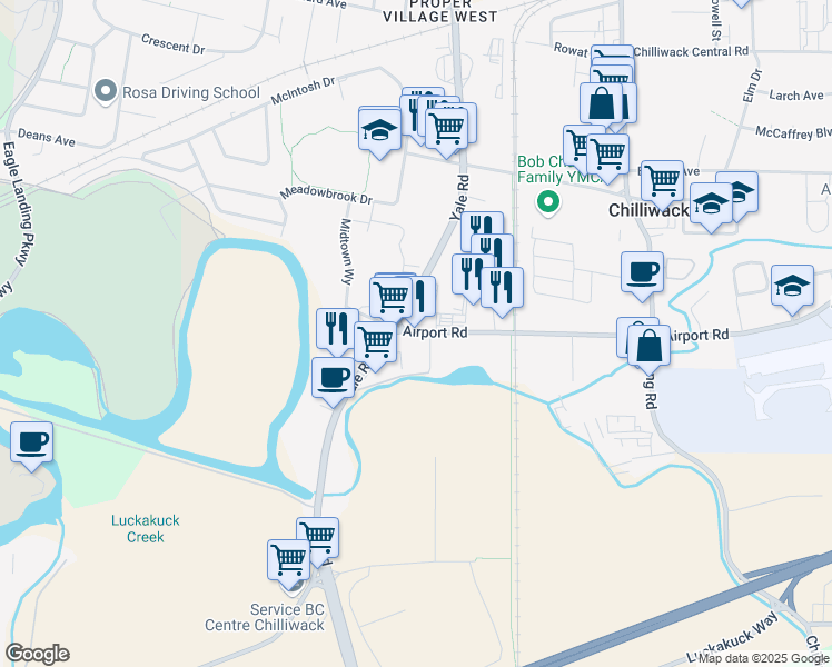 map of restaurants, bars, coffee shops, grocery stores, and more near 45680 Airport Road in Chilliwack