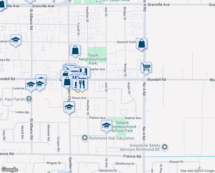 map of restaurants, bars, coffee shops, grocery stores, and more near 8008 Ash Street in Richmond