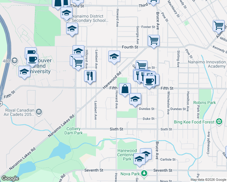map of restaurants, bars, coffee shops, grocery stores, and more near 607 Fifth Street in Nanaimo