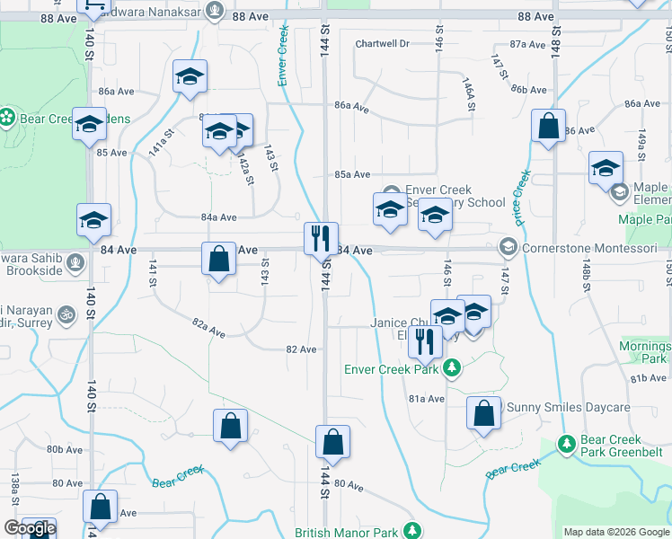 map of restaurants, bars, coffee shops, grocery stores, and more near 8358 144 Street in Surrey