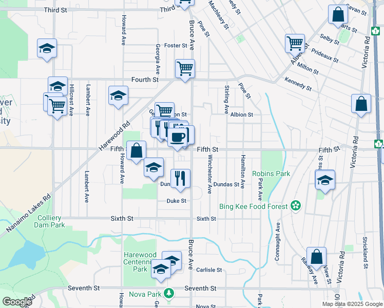 map of restaurants, bars, coffee shops, grocery stores, and more near 557 Marisa Street in Nanaimo