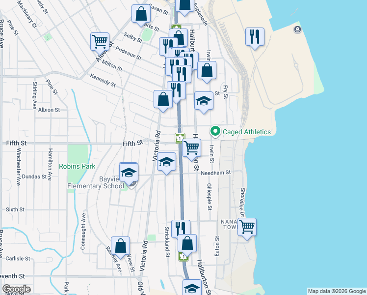 map of restaurants, bars, coffee shops, grocery stores, and more near 405 Nicol Street in Nanaimo