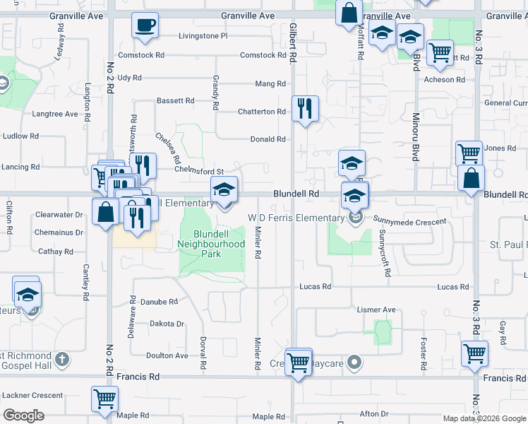 map of restaurants, bars, coffee shops, grocery stores, and more near 8051 Minler Road in Richmond