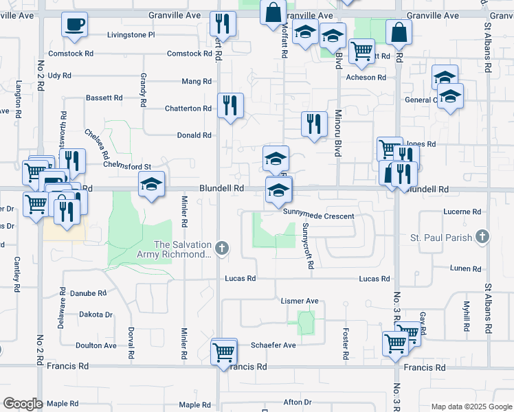 map of restaurants, bars, coffee shops, grocery stores, and more near 7471 Sunnymede Crescent in Richmond