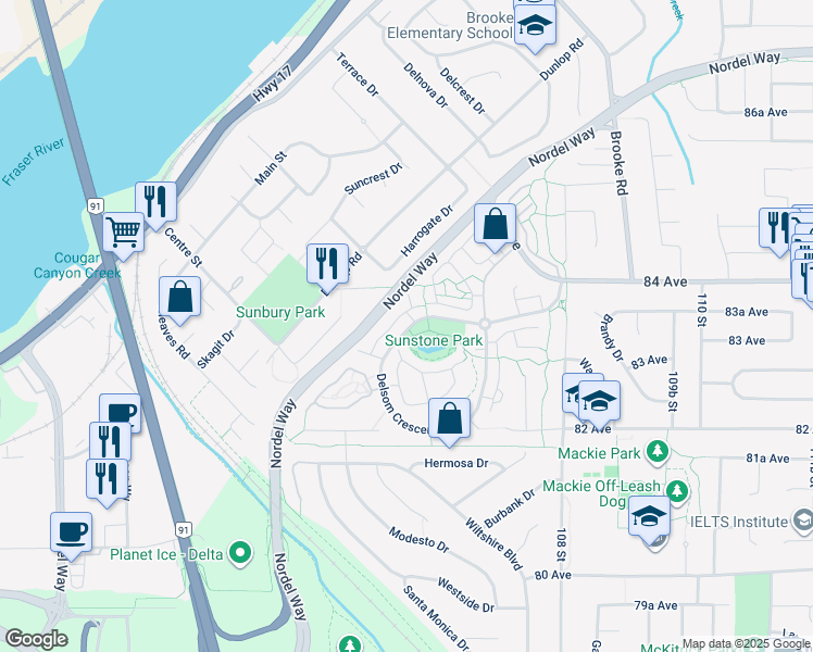 map of restaurants, bars, coffee shops, grocery stores, and more near 23 Delsom Crescent in Delta
