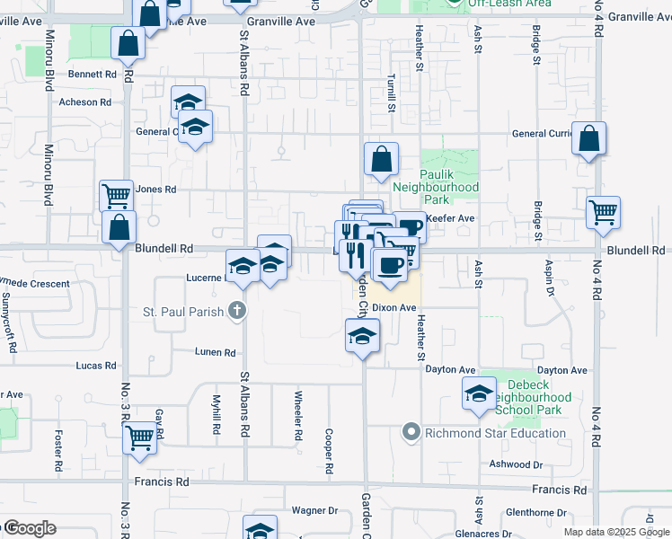 map of restaurants, bars, coffee shops, grocery stores, and more near in Richmond