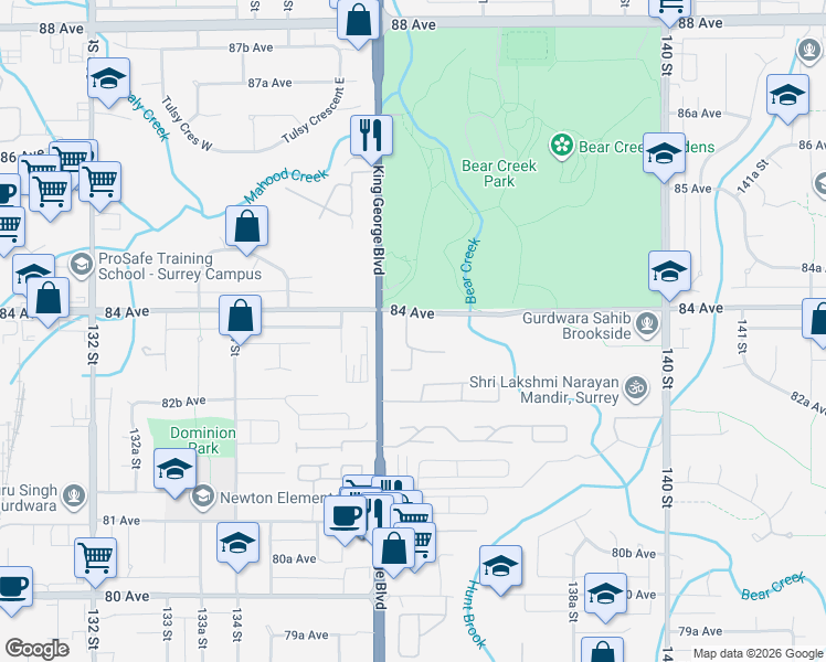 map of restaurants, bars, coffee shops, grocery stores, and more near 13680 84 Avenue in Surrey