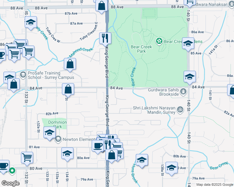 map of restaurants, bars, coffee shops, grocery stores, and more near 13680 84 Avenue in Surrey