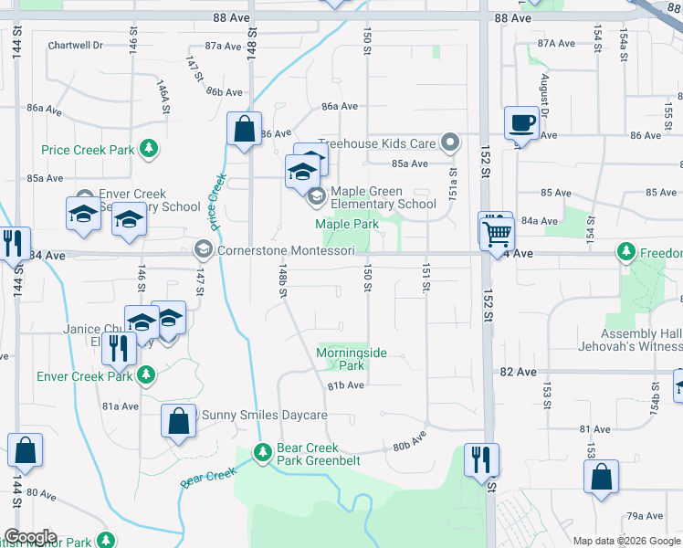 map of restaurants, bars, coffee shops, grocery stores, and more near 14975 83A Avenue in Surrey