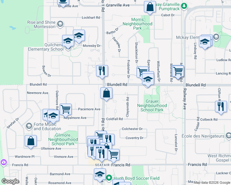 map of restaurants, bars, coffee shops, grocery stores, and more near 4231 Corless Road in Richmond