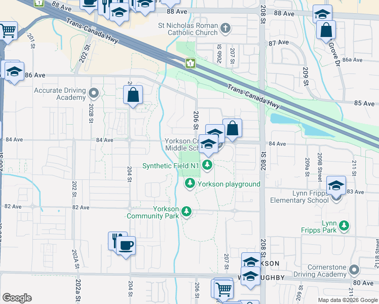 map of restaurants, bars, coffee shops, grocery stores, and more near 20591 84 Avenue in Langley Township