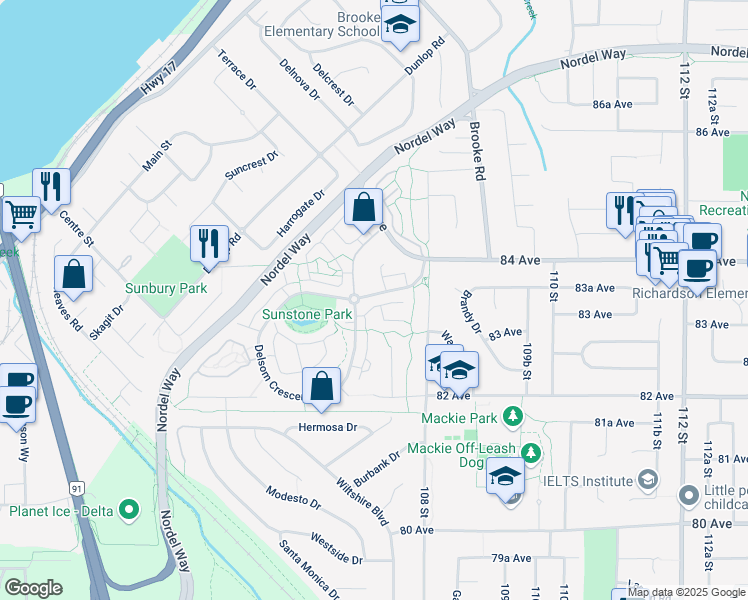 map of restaurants, bars, coffee shops, grocery stores, and more near 8 Delsom Crescent in Delta