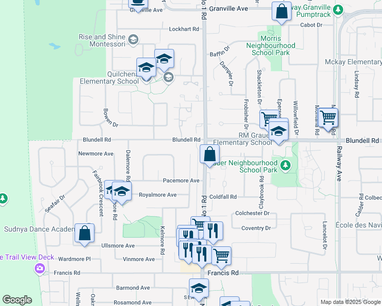 map of restaurants, bars, coffee shops, grocery stores, and more near 8020 Alanmore Place in Richmond