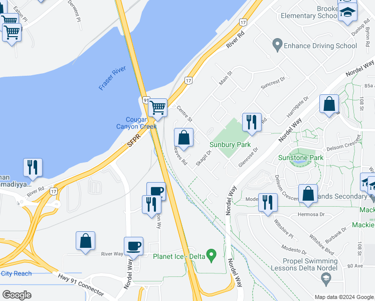 map of restaurants, bars, coffee shops, grocery stores, and more near 10335 Sheaves Place in Delta
