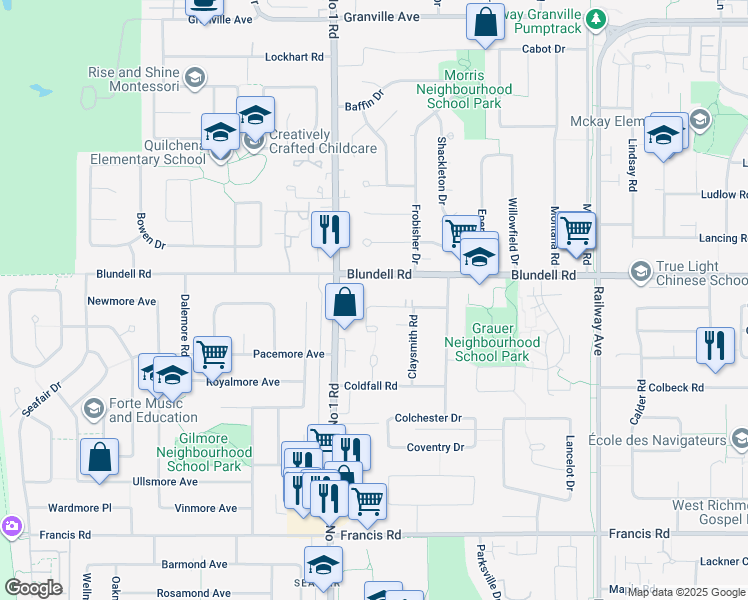 map of restaurants, bars, coffee shops, grocery stores, and more near 4231 Corless Road in Richmond