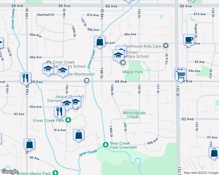 map of restaurants, bars, coffee shops, grocery stores, and more near 8375 148B Street in Surrey