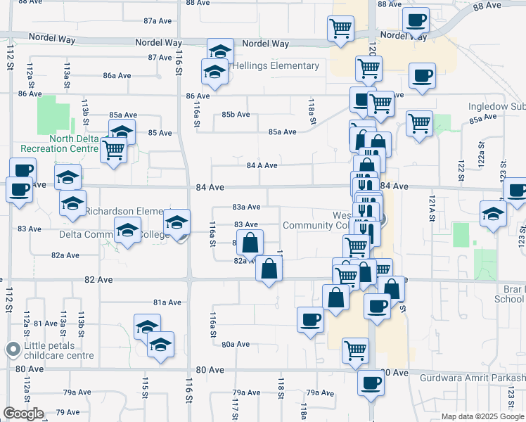 map of restaurants, bars, coffee shops, grocery stores, and more near 11764 83A Avenue in Delta