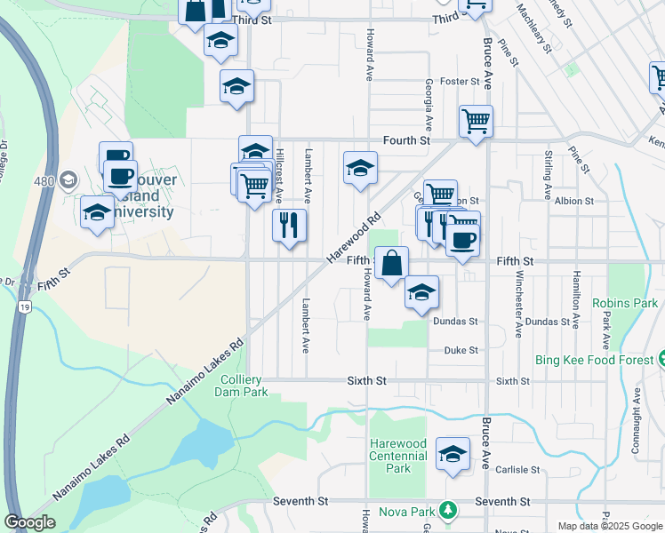 map of restaurants, bars, coffee shops, grocery stores, and more near 401 Harewood Road in Nanaimo