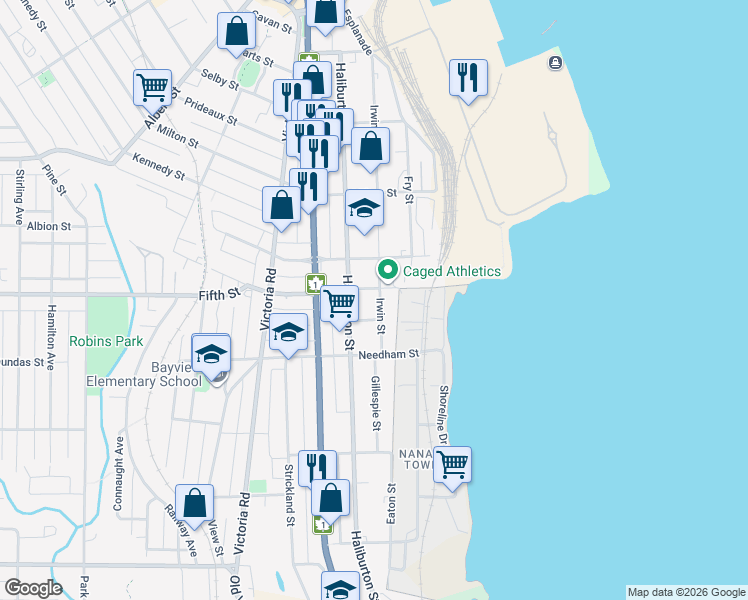 map of restaurants, bars, coffee shops, grocery stores, and more near 450 Irwin Street in Nanaimo