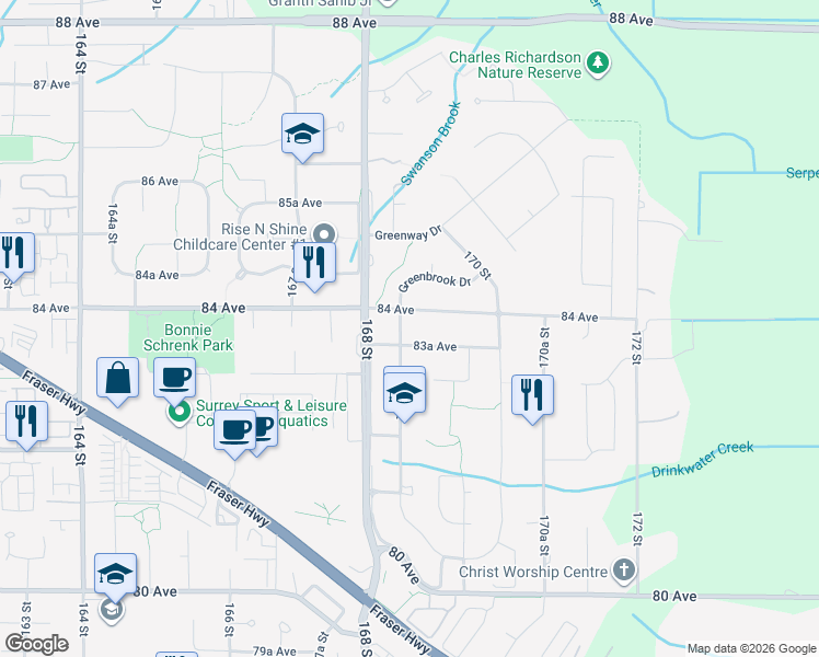 map of restaurants, bars, coffee shops, grocery stores, and more near 8370 168A Street in Surrey