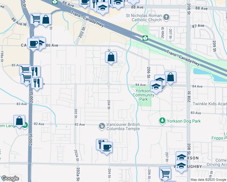 map of restaurants, bars, coffee shops, grocery stores, and more near 20427 83B Avenue in Langley Township