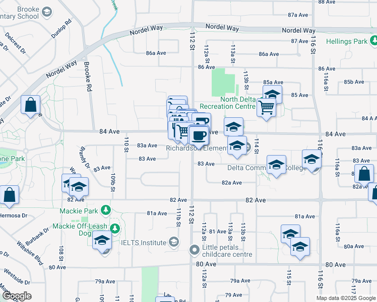 map of restaurants, bars, coffee shops, grocery stores, and more near 11198 84 Avenue in Delta