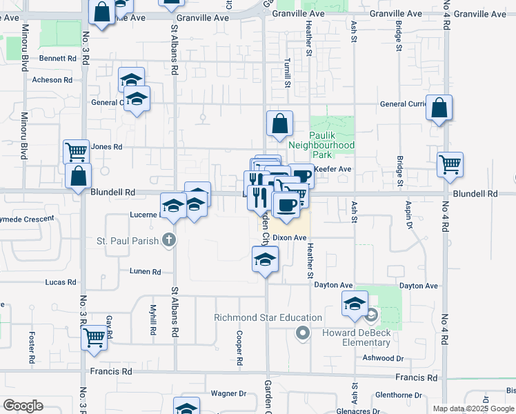 map of restaurants, bars, coffee shops, grocery stores, and more near 8780 Blundell Road in Richmond