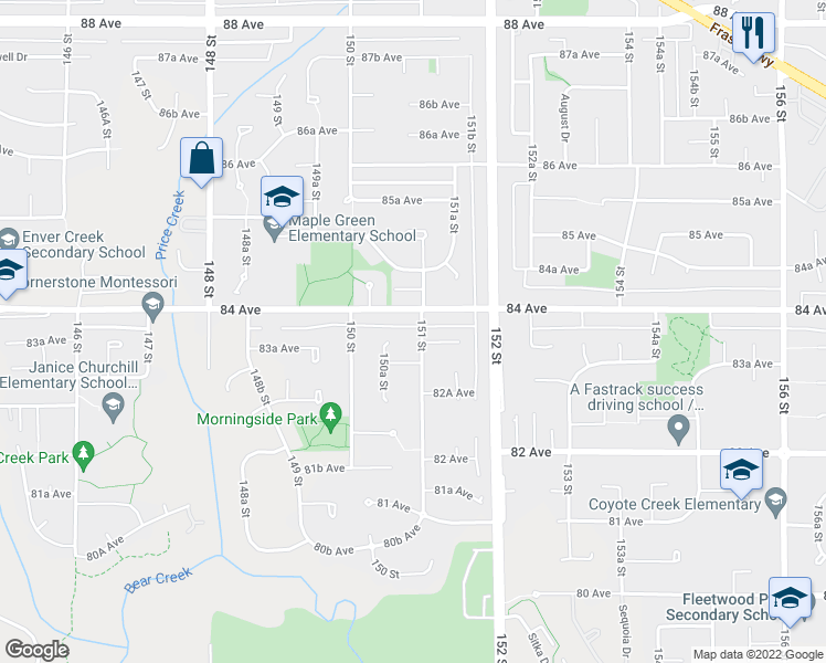 map of restaurants, bars, coffee shops, grocery stores, and more near 8375 151 Street in Surrey