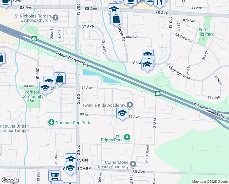 map of restaurants, bars, coffee shops, grocery stores, and more near 8384 209B Street in Langley Township