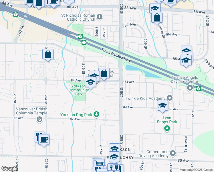 map of restaurants, bars, coffee shops, grocery stores, and more near in Langley Township