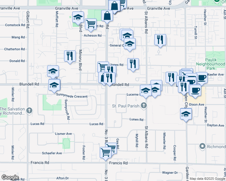 map of restaurants, bars, coffee shops, grocery stores, and more near 8040 Blundell Road in Richmond