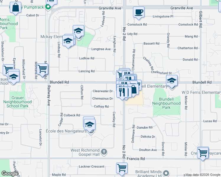 map of restaurants, bars, coffee shops, grocery stores, and more near 5631 Clearwater Drive in Richmond
