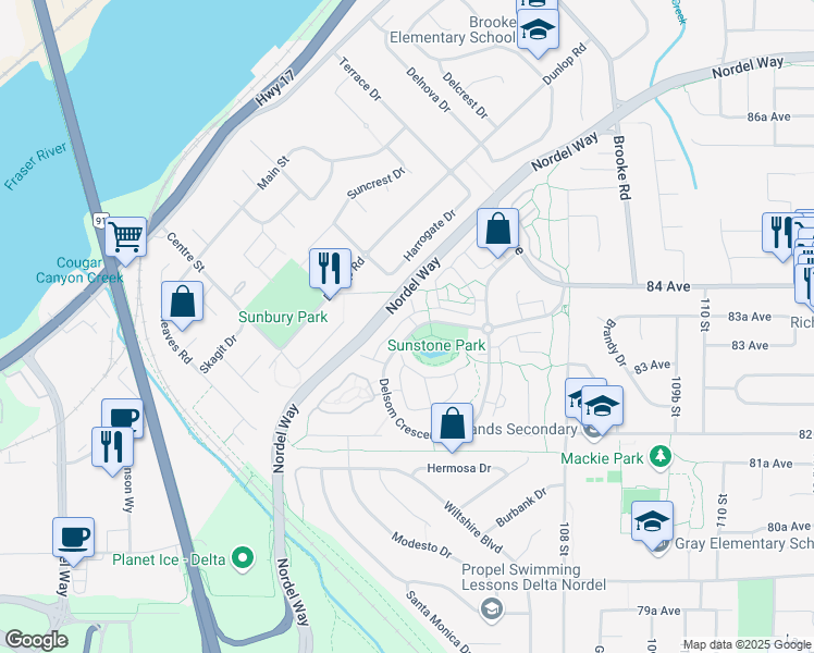 map of restaurants, bars, coffee shops, grocery stores, and more near 10415 Delsom Crescent in Delta