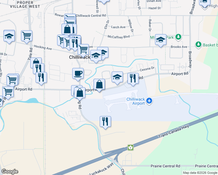 map of restaurants, bars, coffee shops, grocery stores, and more near 8415 Cessna Drive in Chilliwack